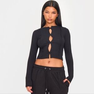 PLT Black Cotton Cut Out Seam Detail Fitted Long Sleeve PrettyLittleThing XL NWT